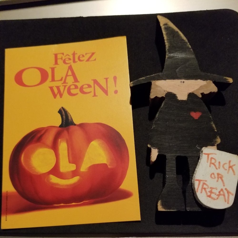 Happy Halloween Everyone- Wooden Witch and French Post Card